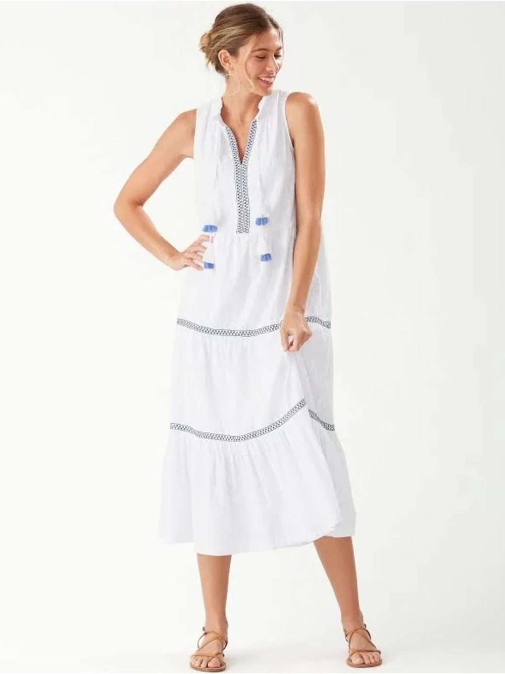 Tommy Bahama White Embroidered Maxi Dress Blue Tassels Size S